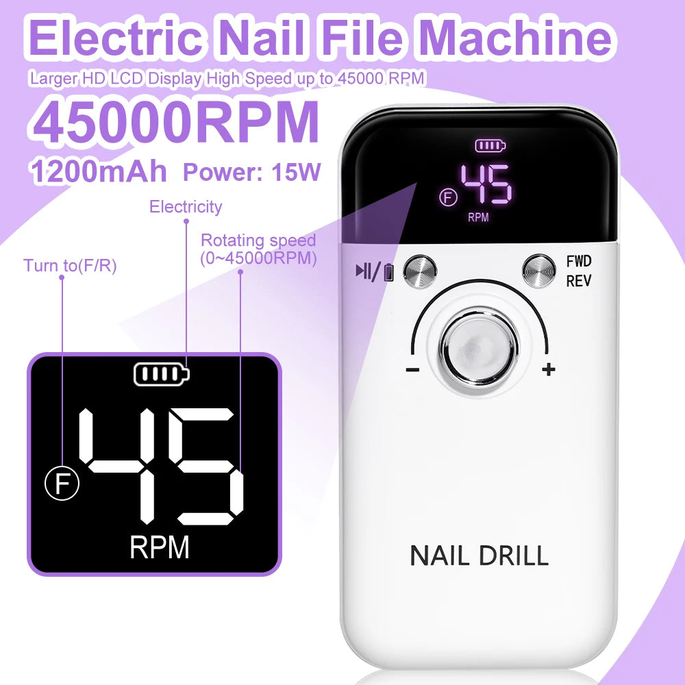 Nail Drill 45000 RPM Rechargeable Nails Electric File for Acrylic Gel Removing & Polishing Gel for Home/Salon Manicure Pedicure