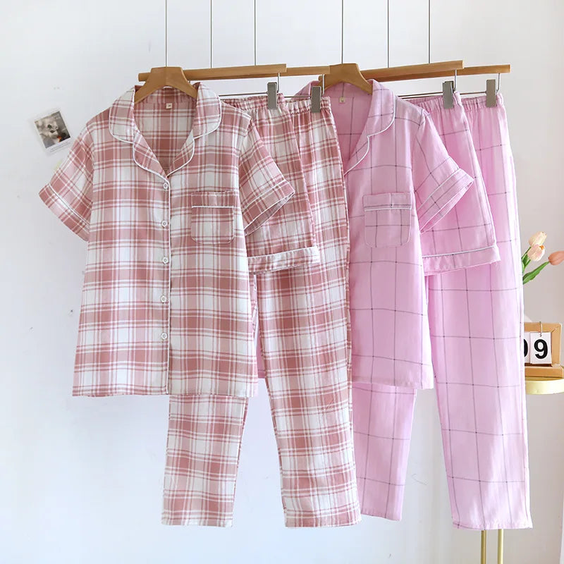 2025 New Summer Women's Pajama Set 100% Cotton Gauze Thin Short Sleeve+Shorts+Pants Simple Checkered Home Furnishing Set