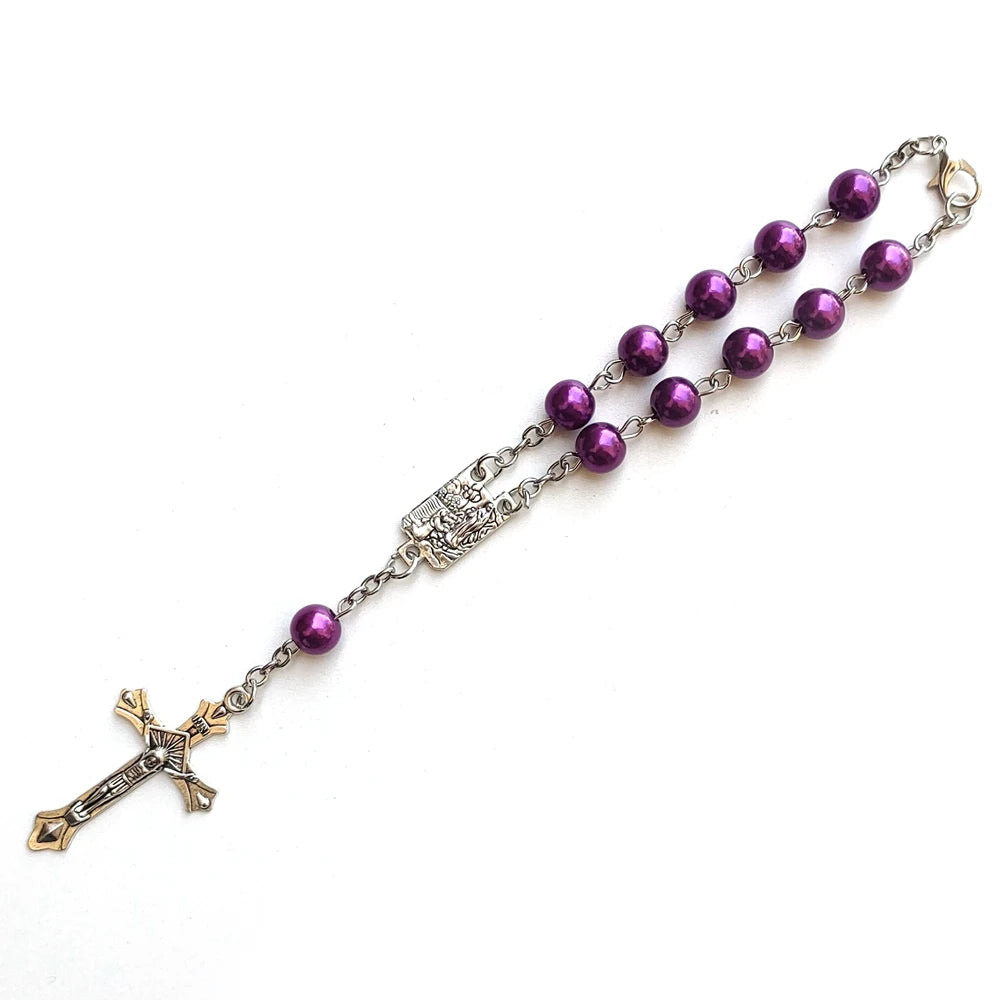 QIGO Purple Plastic Bead Cross Rosary Bracelets Car Pendant Catholic Praying Jewelry Gift