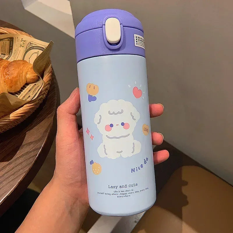 380ML Stainless Steel Thermos Vacuum Flask Cute Cartoon Thermal Water Bottle for Girls Insulated Straw Cups Tumbler Drinkware