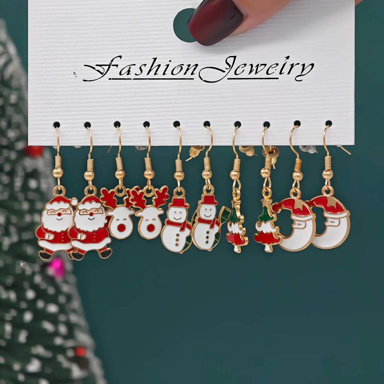 10/40pcs New Christmas Set Cross border Hot Selling Cartoon Dripping Oil Elk Santa Claus Christmas Tree Earrings for Women