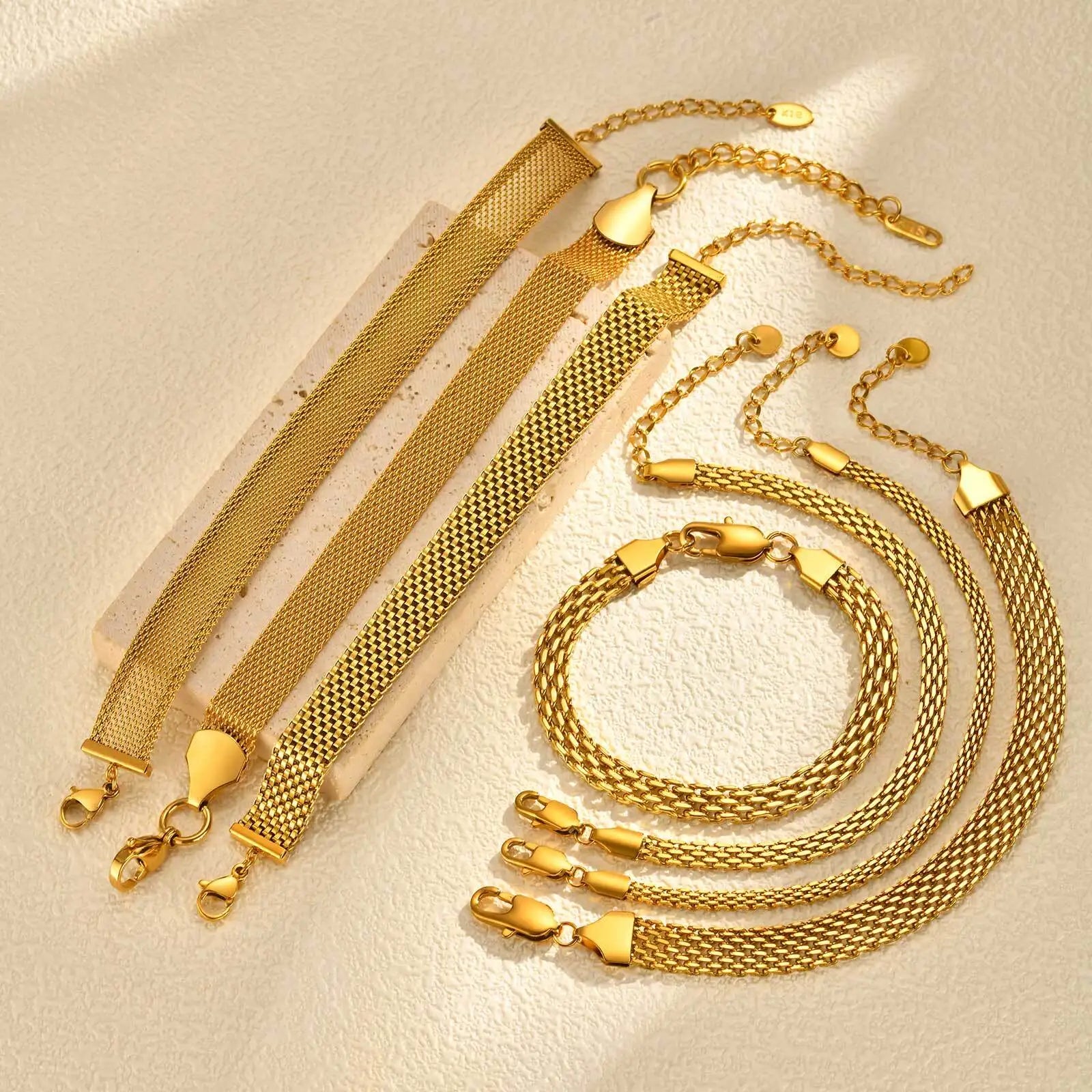 Stainless Steel 18K Gold Plated Bracelet for Women, Adjustable Weaving Mesh Chain, Exquisite Jewelry Gift