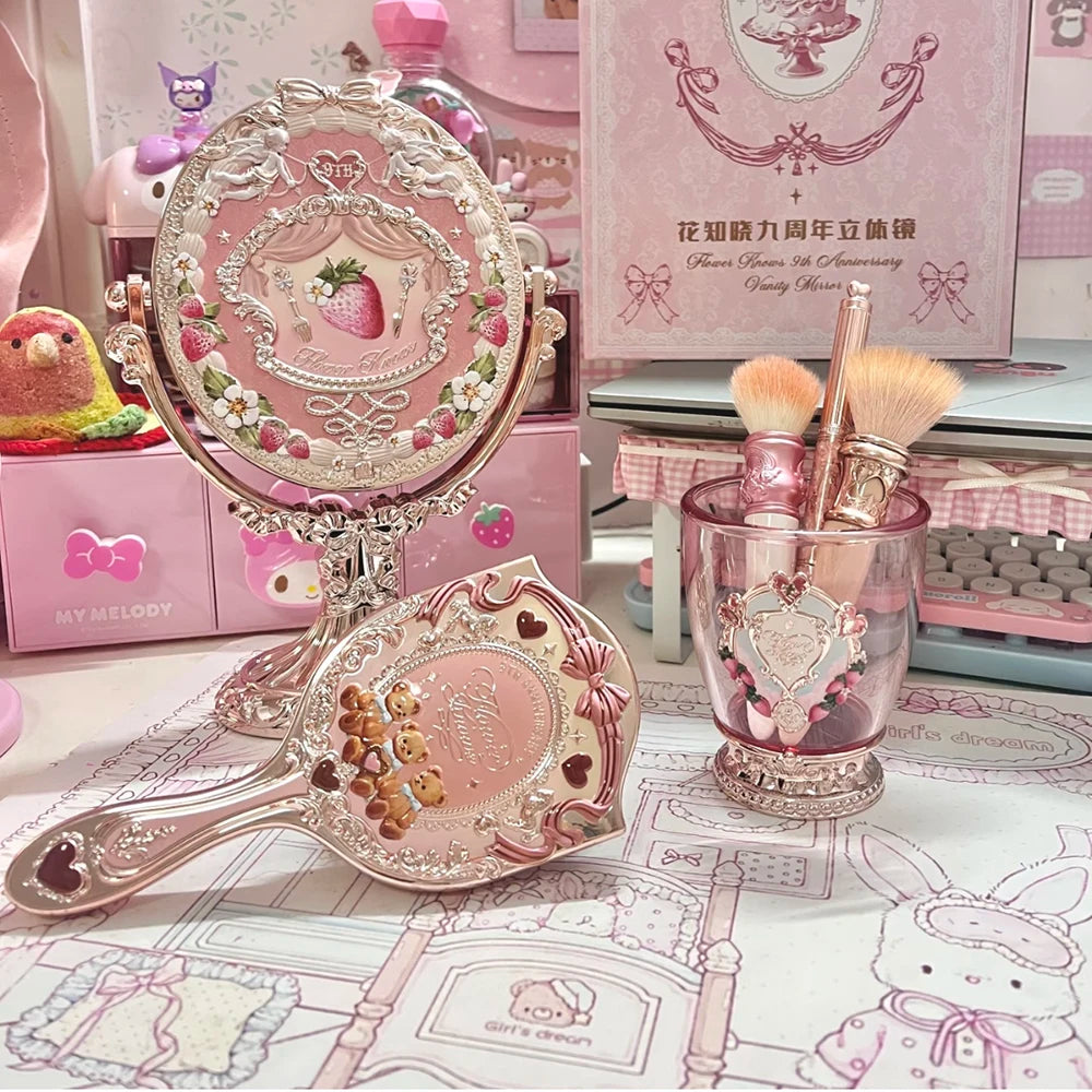Flower Knows 9th Anniversary Limited Edition Luxury Vanity Mirror with Paddle Hair Brush And Brush Holder Set for Makeup Desk
