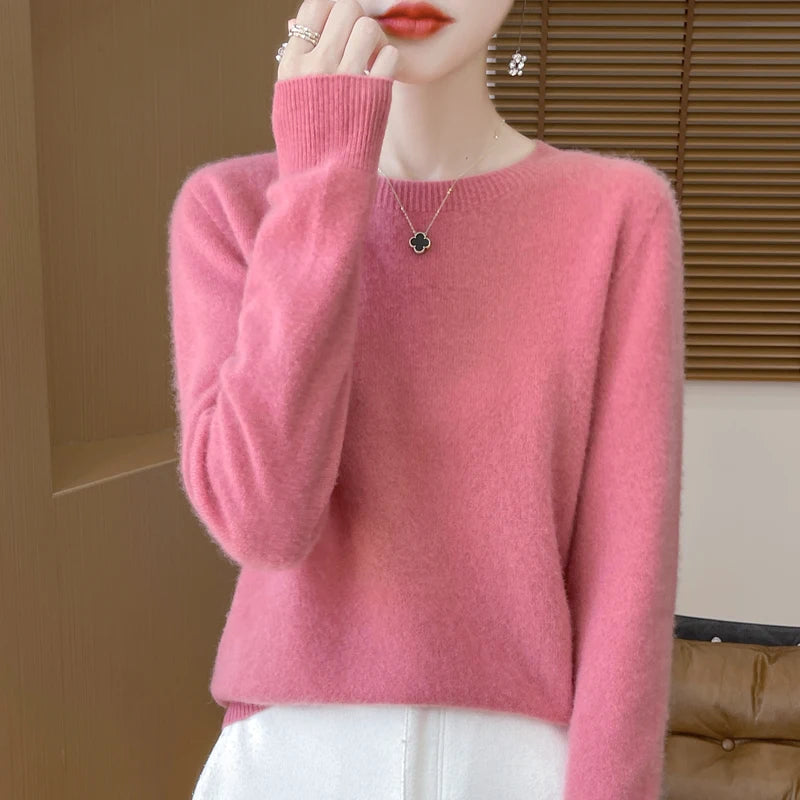 2024 Fashion 100% Merino Wool Sweater Cashmere Pullover O-Neck Long Sleeve Women Knitwear Autumn Winter Clothing Y2K Tops O Ling