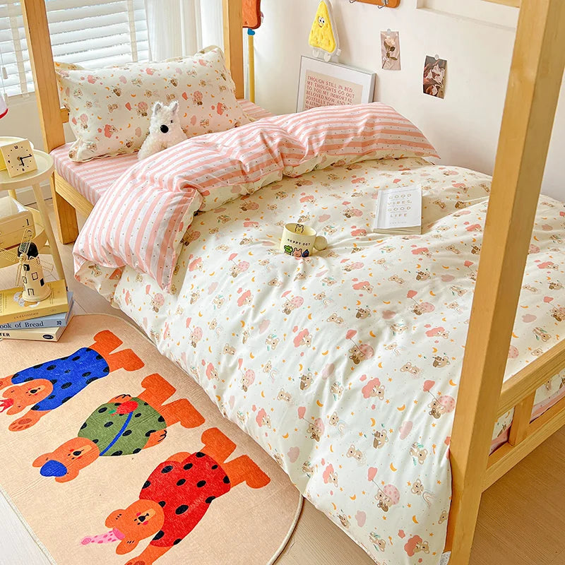 3pcs New Printed Quilt Set for Ladies Bedroom Apartment Student Dormitory Sweet Wind Cartoon (1pc Quilt Set +2pcs Pillowcase)