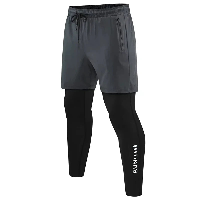 Men 2 In 1 Running Pants Double Layer Pant Tight Training Basketball Legging Fitness Sweatpant With Pockets Running Trousers