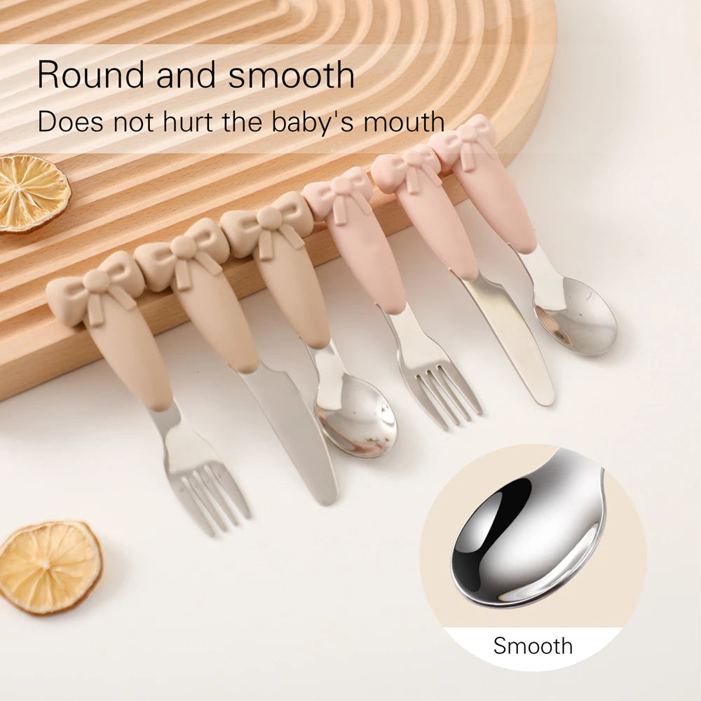 Baby Tableware Set BPA Free Silicone Bow Dish Tie Bowl Fork Food Plate Stainless Spoon Non-slip Tableware Newborn Feeding Tool