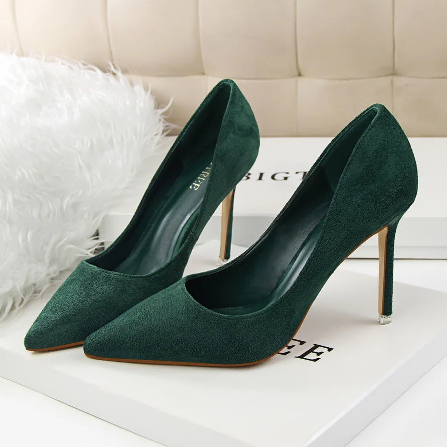 Women 9cm High Heels Yellow Burgundy Pumps Plus Size Stripper Suede Escarpins Lady Wedding Bridal Scarpins Green Blue Prom Shoes