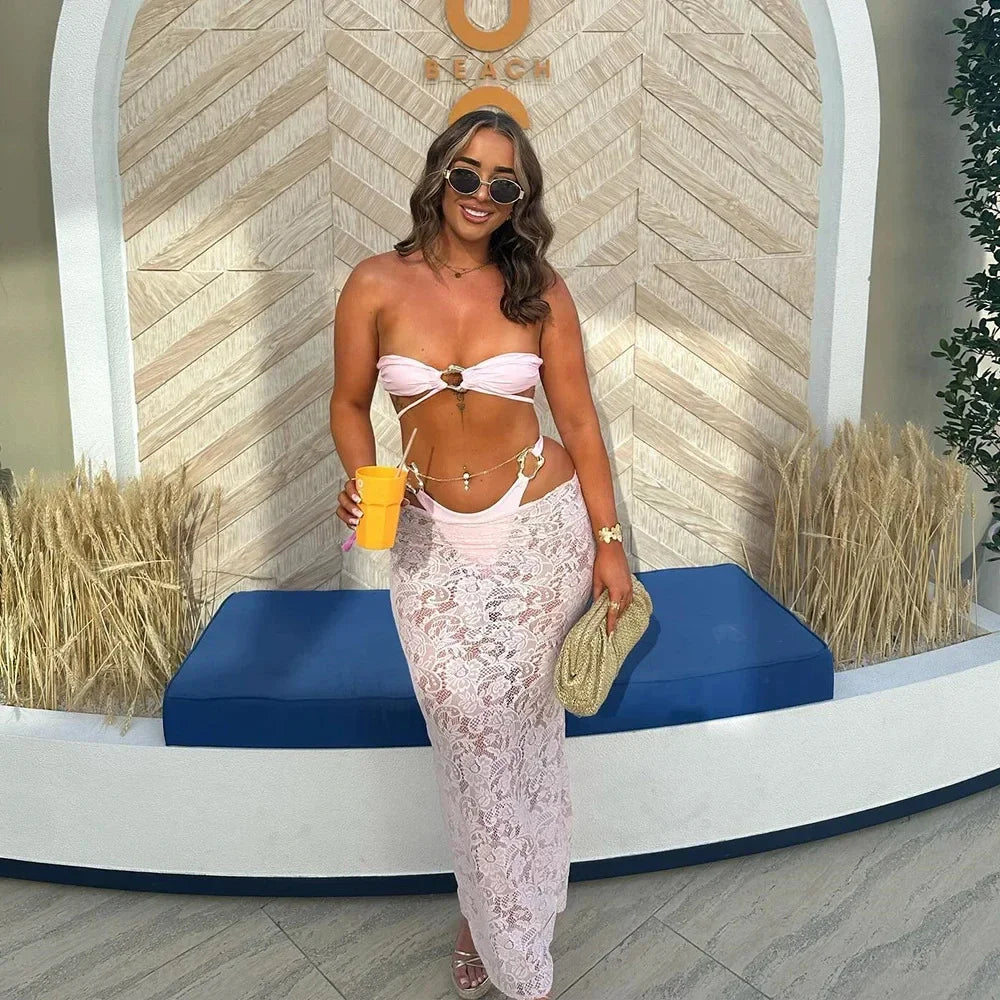 Bandeau 3 Pieces Bikini 2025 New Sexy Women Swimsuit Swimwear Female Long Dress Brazil Bikini Set Bathing Suit Swimming Suit