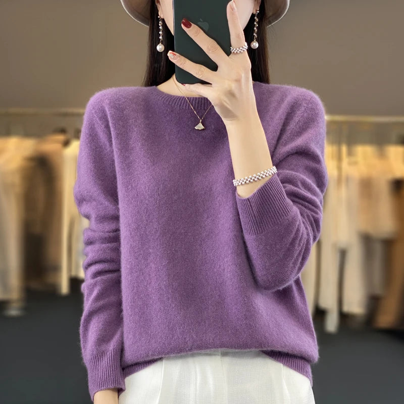 2024 Fashion 100% Merino Wool Sweater Cashmere Pullover O-Neck Long Sleeve Women Knitwear Autumn Winter Clothing Y2K Tops O Ling