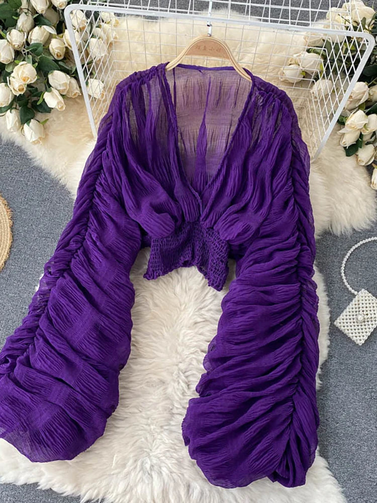 Summer Sexy Draped Chiffon Blouse For Women Elegant V-Neck Puff Long Sleeve Short Tops Female Slim Party Shirts 2022 New Fashion
