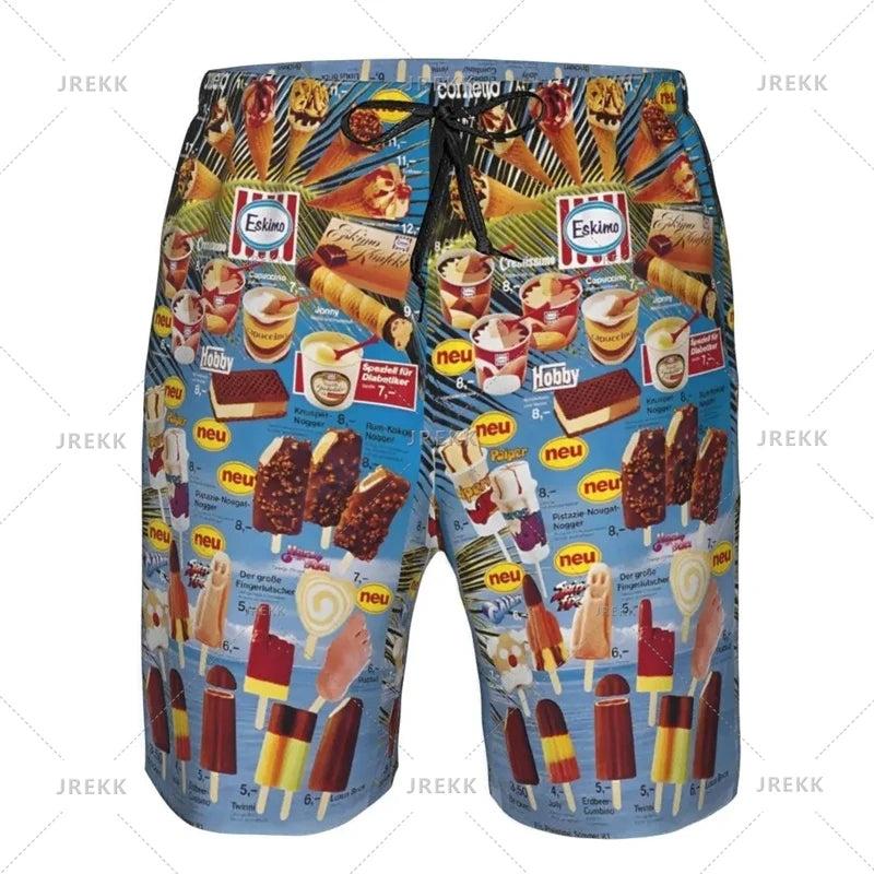 Ice Cream Poster Beach Shorts Men Kids Hot Sale Summer Popsicle Pattern Swimming Trunks Cool Street Oversized Short Pants