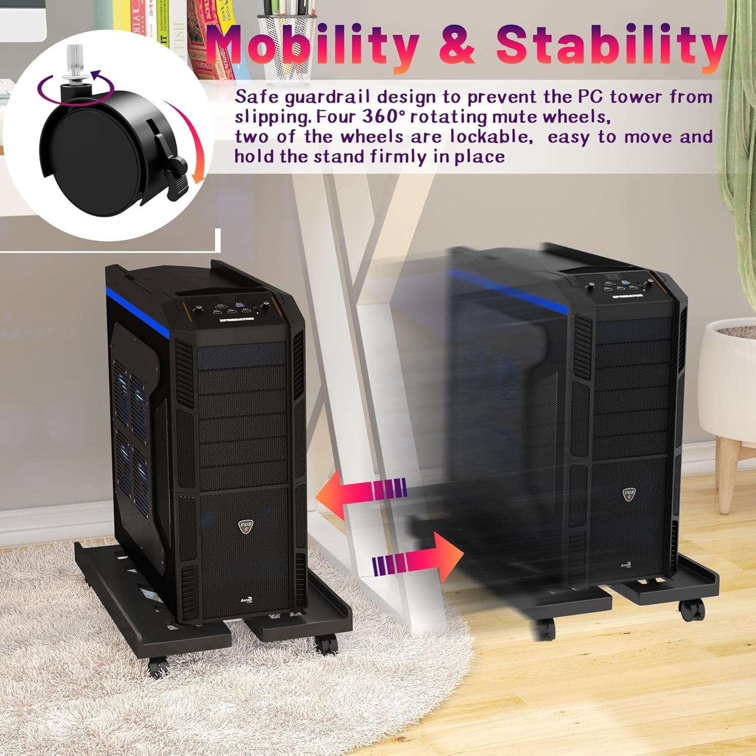 Adjustable Mobile CPU Stand, Ventilated Computer Tower Stand with 4 Caster Wheels Fits Most PC Tower, Under Desk CPU Holder PC Floor Cart Computer Riser for Students and Gamers
