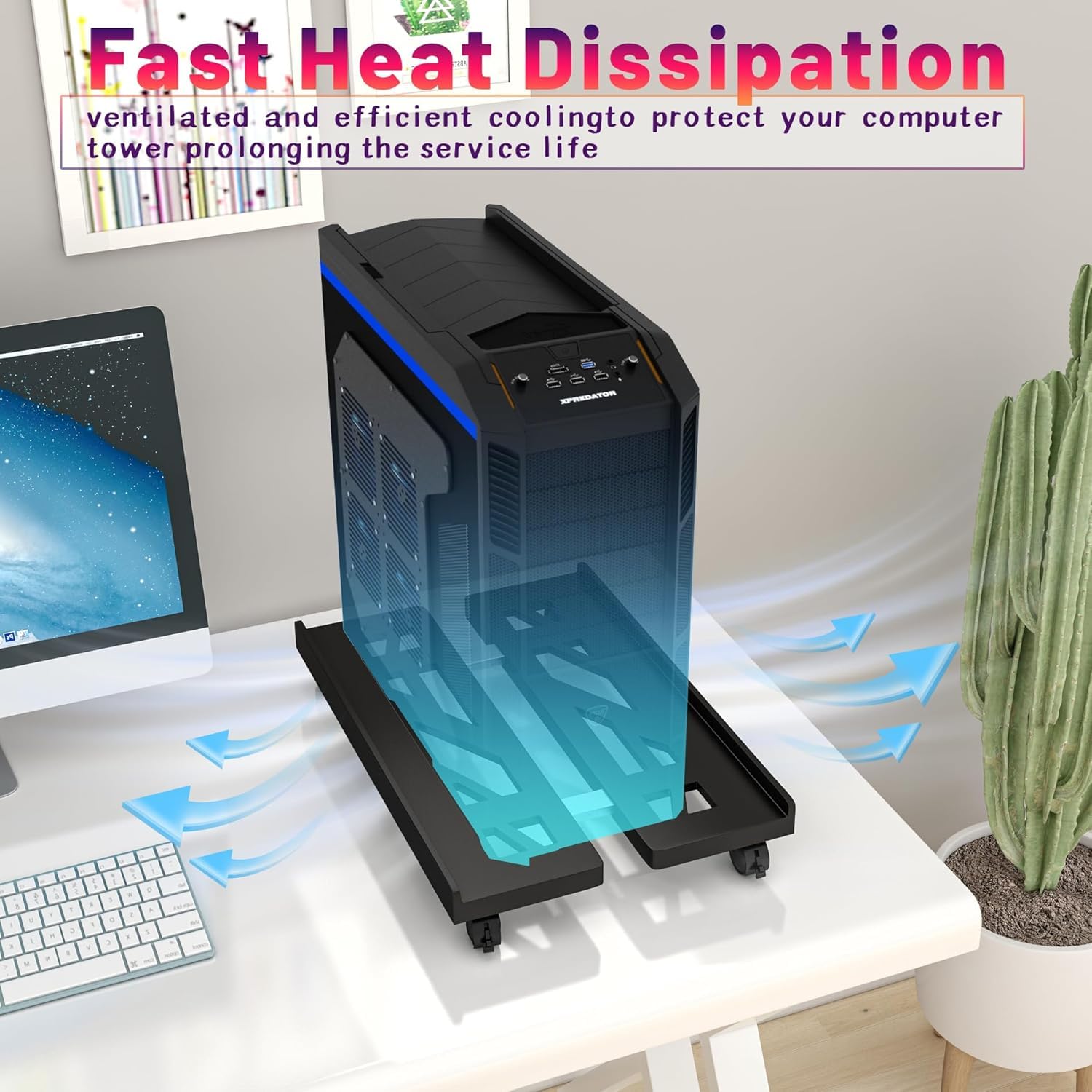 Adjustable Mobile CPU Stand, Ventilated Computer Tower Stand with 4 Caster Wheels Fits Most PC Tower, Under Desk CPU Holder PC Floor Cart Computer Riser for Students and Gamers