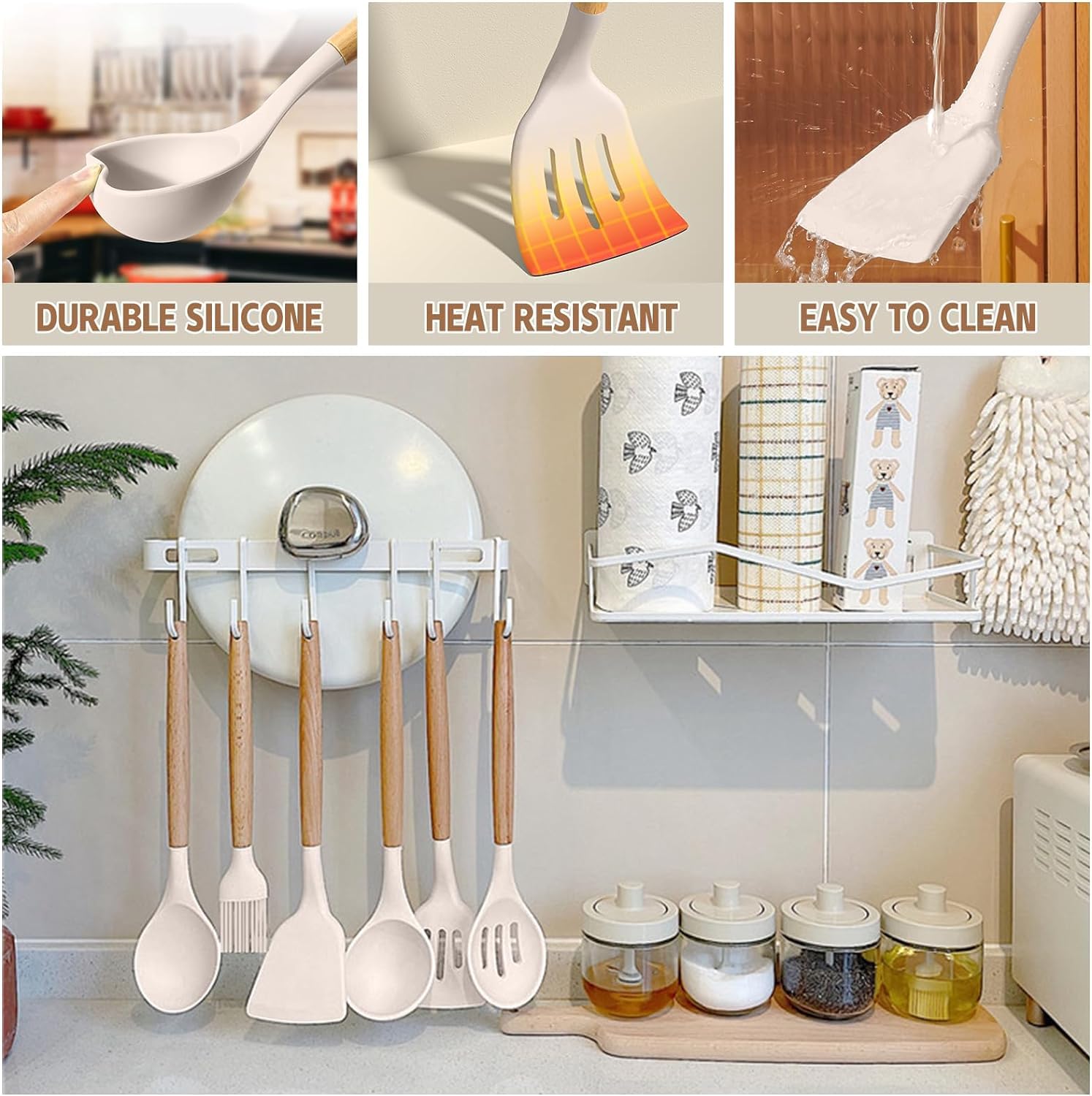 Silicone Cooking Utensils Set - Silicone Kitchen Utensils for Cooking Wooden Handles, 446°F Heat Resistant Kitchen Utensil Spatula Sets, Gadgets for Non-Stick Cookware BPA FREE